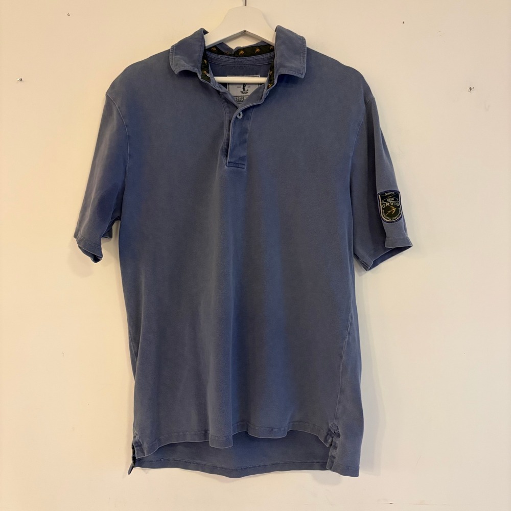 Orvis Mens Vintage Upland Collection Blue Pique Polo Shirt‎ Sleeve Patch Size M